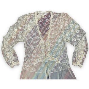Vtg Gold Label Victoria's Secret Long Ivory Sheer Lace Robe Peignoir Sequins S